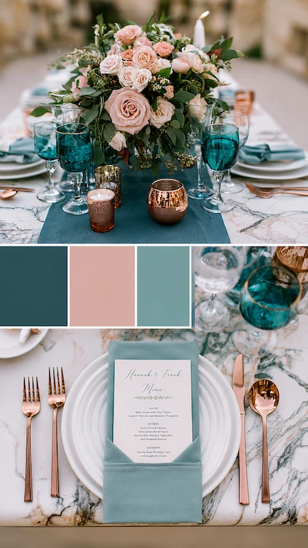 Wedding color palettes: 25 combinations that actually work 23 Teal and blush wedding tablescape with marble details, rose gold flatware, romantic florals, and elegant menus