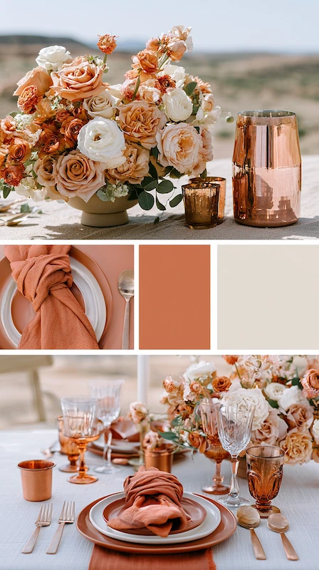 Wedding color palettes: 25 combinations that actually work 8 Terracotta and cream wedding tablescape with copper accents, blush florals, and knotted napkins in warm sunlight