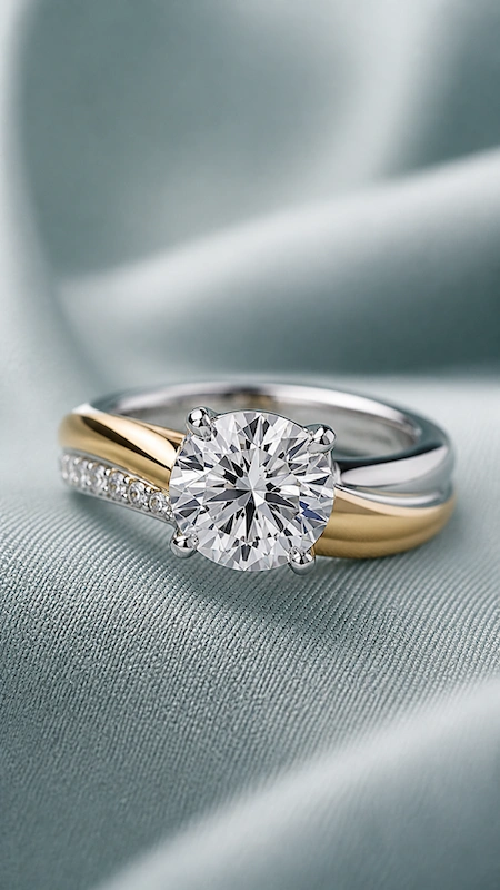 Popular Engagement Rings That Will Still Turn Heads in 20 Years 10 Two tone white and yellow gold diamond engagement ring with round center and pavé detail on soft blue fabric backdrop