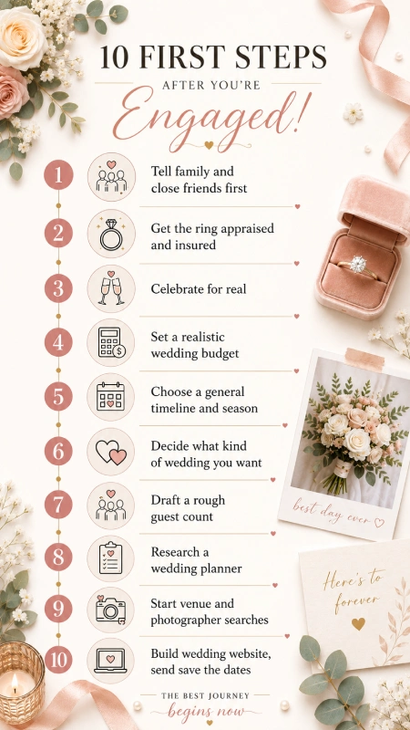 Wedding infographic showing 10 first steps after getting engaged with checklist icons, florals, ring box, and decor.