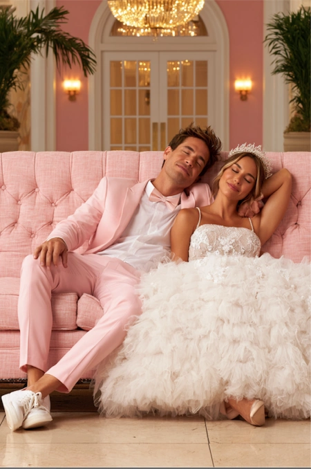 What to discuss before planning a wedding 8 Bride and groom relax on a pink sofa after the reception, enjoying a quiet moment together at their wedding venue