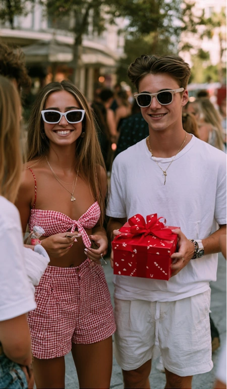 Young couple celebrating engagement with friends, holding a gift and smiling outdoors during an engagement party gathering