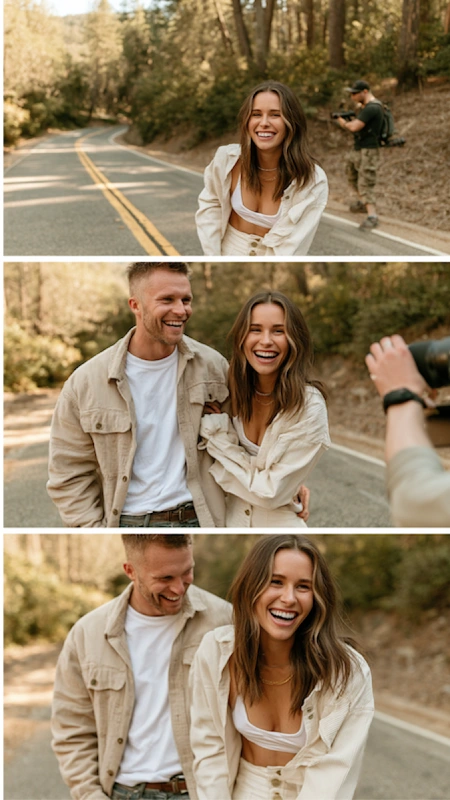 Couple laughing during engagement photo session outdoors while photographer captures candid moments on a scenic road