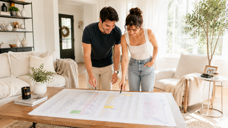 Engaged couple reviewing a large wedding guest list spreadsheet at home, organizing RSVPs, seating, and planning details.
