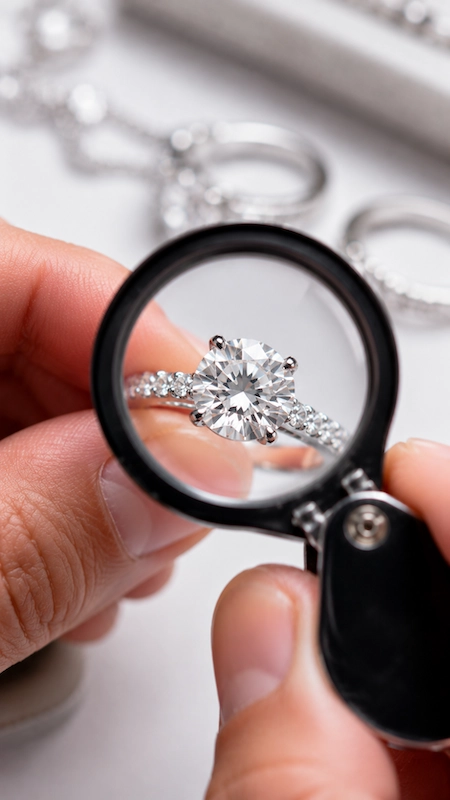 Jeweler's loupe examining a round diamond engagement ring, highlighting sparkle, cut quality, and fine details.