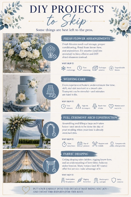 Dusty Blue Wedding Decor: Florals, Table Settings and Reception Styling 17 DIY wedding projects to skip infographic with floral arranging, cake, ceremony arch, and fabric draping expert advice.