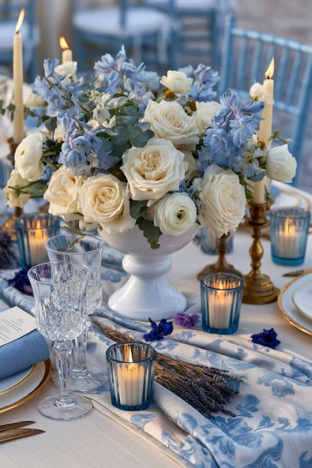 Dusty Blue Wedding Decor: Florals, Table Settings and Reception Styling 15 Dusty blue and ivory wedding centerpiece with roses, delphiniums, taper candles, blue votives, and elegant reception table.
