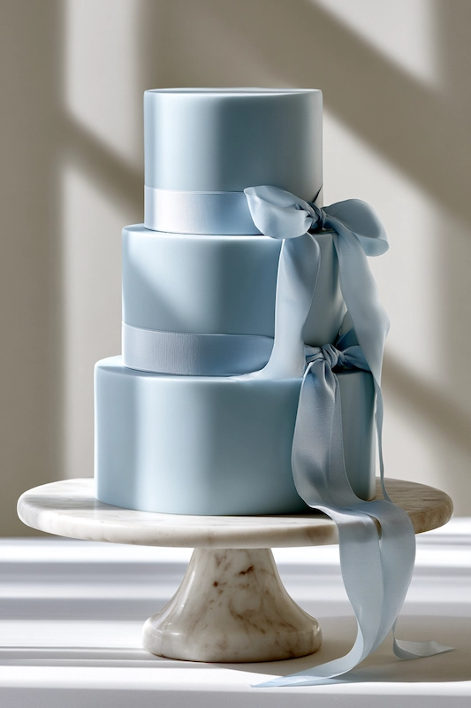Dusty Blue Wedding Decor: Florals, Table Settings and Reception Styling 8 Three-tier dusty blue wedding cake with flowing satin ribbons on a white marble pedestal, styled in soft editorial light.