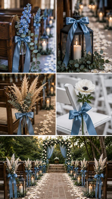 Dusty Blue Wedding Decor: Florals, Table Settings and Reception Styling 12 Dusty blue wedding aisle markers with ribbon bows, lanterns, florals, pampas grass, and elegant outdoor ceremony inspiration.