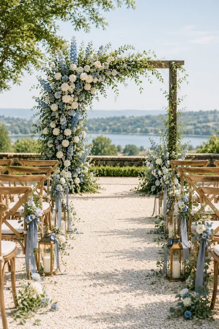 Dusty Blue Wedding Decor: Florals, Table Settings and Reception Styling 11 Dusty blue wedding ceremony arch with white roses, wooden chairs, ribbon accents, and a scenic waterfront backdrop outdoors.