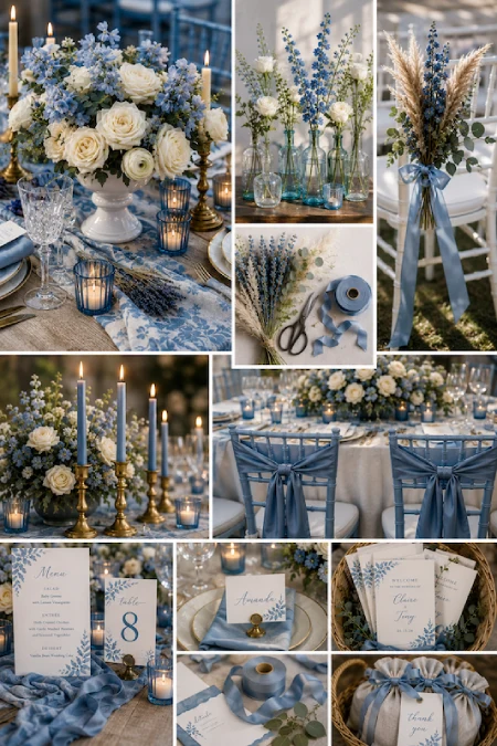 Dusty Blue Wedding Decor: Florals, Table Settings and Reception Styling 16 Dusty blue wedding decor collage featuring centerpieces, candles, florals, invitations, signage, ribbons, and reception ideas.