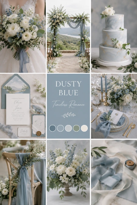 Dusty Blue Wedding Decor: Florals, Table Settings and Reception Styling 1 Dusty blue wedding inspiration mood board featuring bouquet, ceremony arch, cake, invitations, tablescape, florals, and ribbons.
