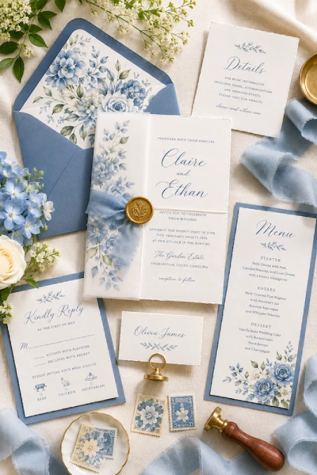 Dusty Blue Wedding Decor: Florals, Table Settings and Reception Styling 10 Dusty blue wedding invitation suite with floral envelopes, RSVP card, menu, wax seal, ribbon, stamps, and place card flat lay.
