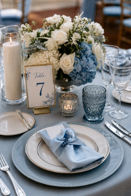Dusty Blue Wedding Decor: Florals, Table Settings and Reception Styling 7 Dusty blue wedding table setting with layered plates, satin napkin, blue hydrangeas, white roses, candlelight, and table 7.