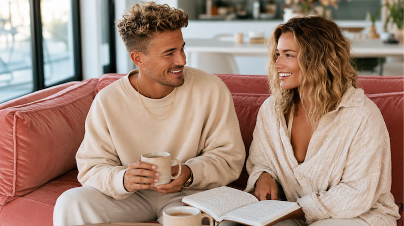 What to discuss before planning a wedding 6 Engaged couple relax on a sofa discussing wedding plans over coffee while reviewing notes together at home