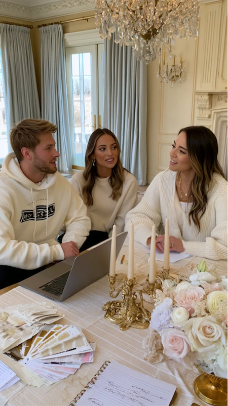 Engaged couple meeting with wedding planner to review design ideas, color palettes, florals, and event details together