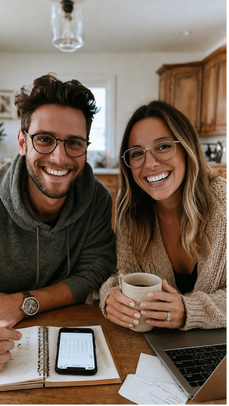 Smiling engaged couple planning their wedding at home with laptop, coffee, notebook, and budget notes on the table