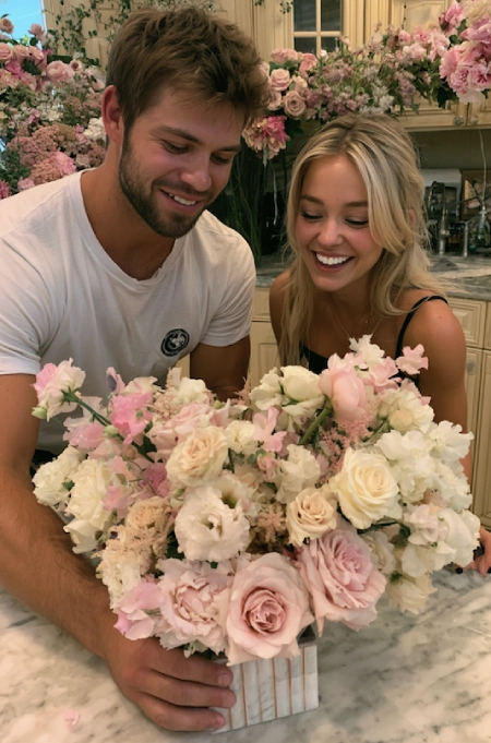 What to discuss before planning a wedding 3 Engaged couple reviewing blush and ivory wedding floral centerpiece arrangement during planning consultation at home