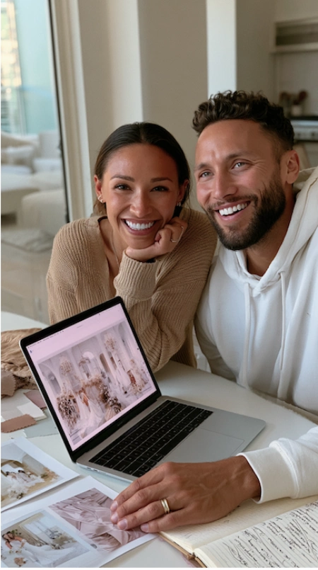 What to discuss before planning a wedding 1 An engaged couple smiling beside a laptop, reviewing what to discuss before planning a wedding, while researching inspiration and ideas.