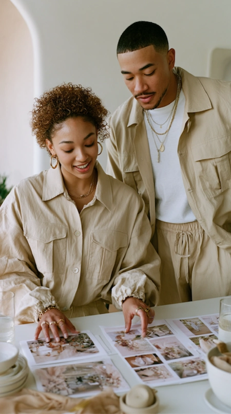 Engaged couple reviewing wedding inspiration photos and planning ideas together, comparing styles and visual details