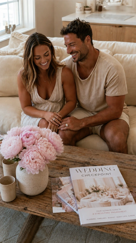 Happy engaged couple relaxing at home with wedding planning guide, pink flowers, and cozy engagement celebration vibe