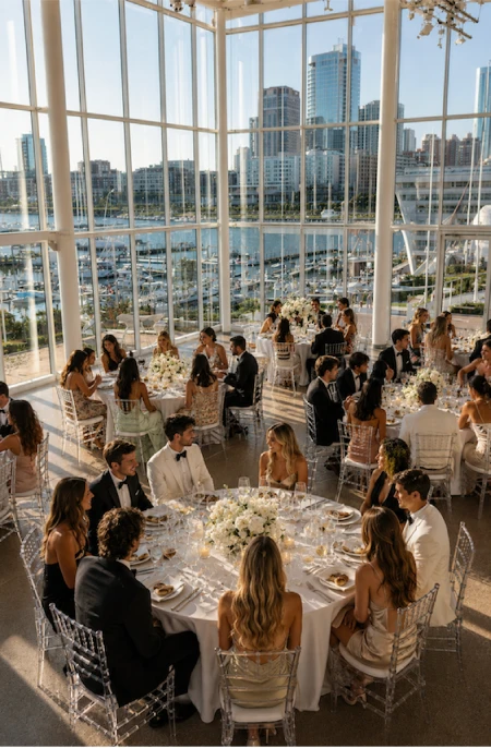 What to discuss before planning a wedding 7 Wedding guests enjoy an elegant reception in a glass venue overlooking a waterfront skyline during golden hour