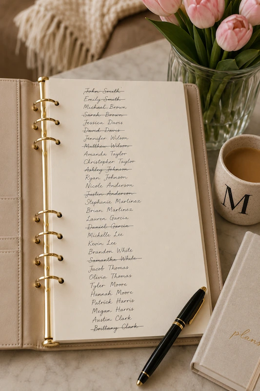 Wedding Guest List: How to Build, Track, and Trim It Without Losing Your Mind 5 Handwritten wedding guest list in a ring binder with crossed-off names, beside tulips, coffee, and a planning notebook.