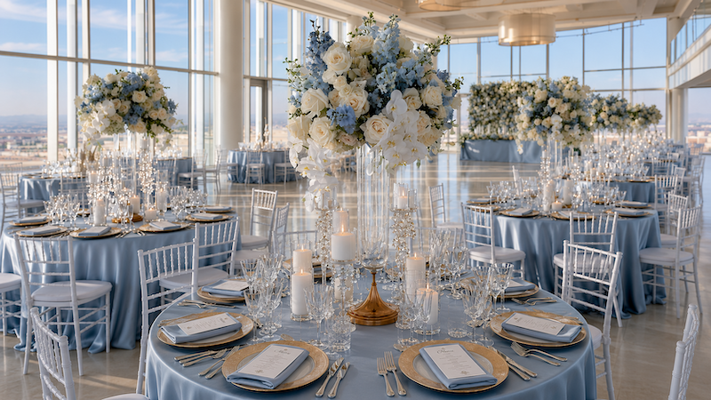 Wedding Decor 7 Dusty Blue Wedding Decor in Light-filled wedding reception ballroom, tall blue and white floral centerpieces, candles, and elegant place settings.