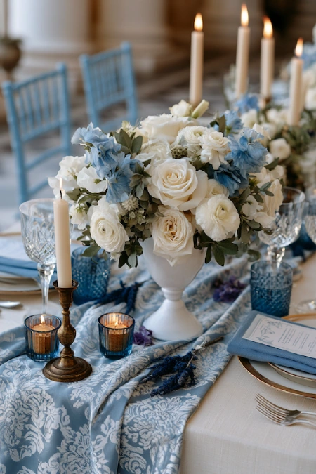 Dusty Blue Wedding Decor: Florals, Table Settings and Reception Styling 5 Luxury wedding tablescape with blue patterned runner, white floral centerpiece, taper candles, crystal glassware, and blue linens.
