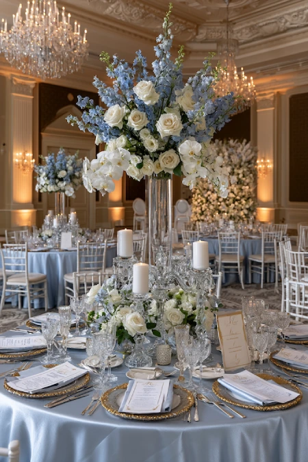 Dusty Blue Wedding Decor: Florals, Table Settings and Reception Styling 22 Luxury dusty blue wedding ballroom with towering floral centerpiece, crystal chandeliers, candles, and elegant reception décor.