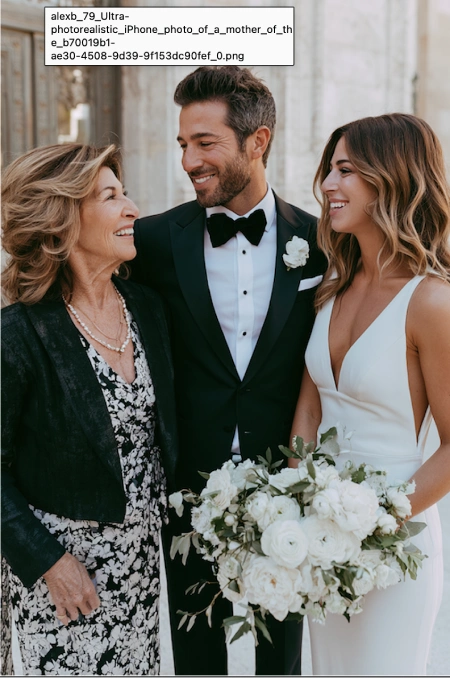 What to discuss before planning a wedding 9 Bride and groom share a joyful moment with the mother of the groom during portraits outside their wedding venue