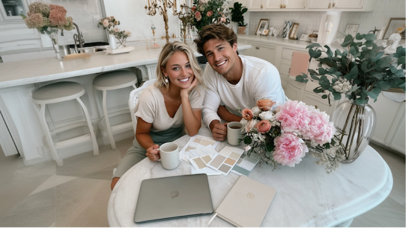 Newly engaged couple planning their wedding at home, reviewing color palettes, florals, and design inspiration together