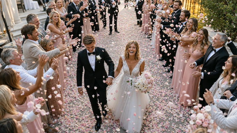 Newlyweds walk through a shower of rose petals as family and friends celebrate their wedding ceremony exit together.