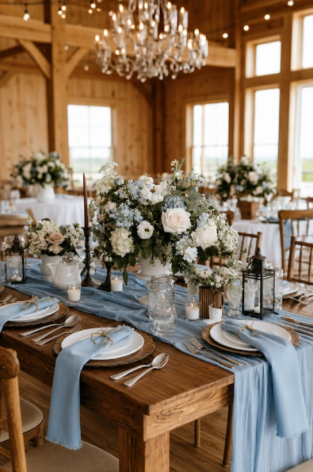 Dusty Blue Wedding Decor: Florals, Table Settings and Reception Styling 21 Rustic dusty blue wedding reception with flowing table runner, white floral centerpieces, lanterns, and warm wood barn décor.