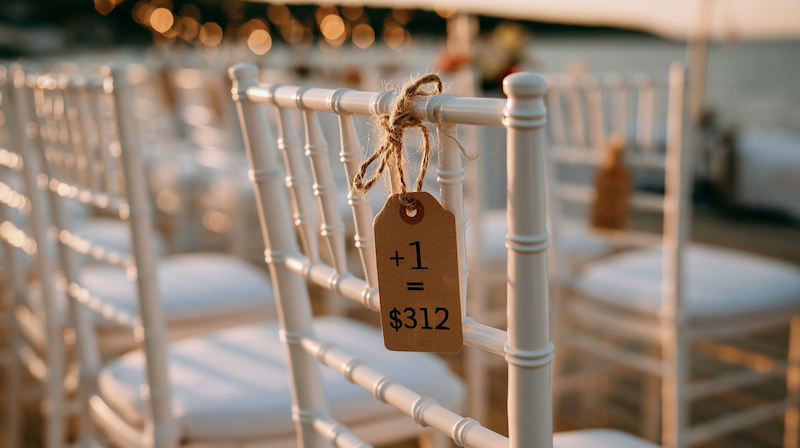 White wedding chairs at an outdoor reception with a hanging tag reading “+1 = $312,” symbolizing guest list costs.