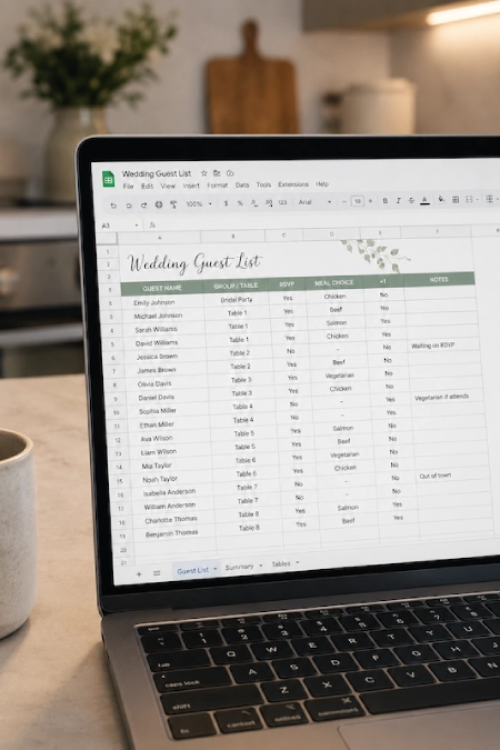 Wedding Guest List: How to Build, Track, and Trim It Without Losing Your Mind 3 Wedding guest list spreadsheet open on a laptop, showing RSVPs, meal choices, table assignments, and guest notes.
