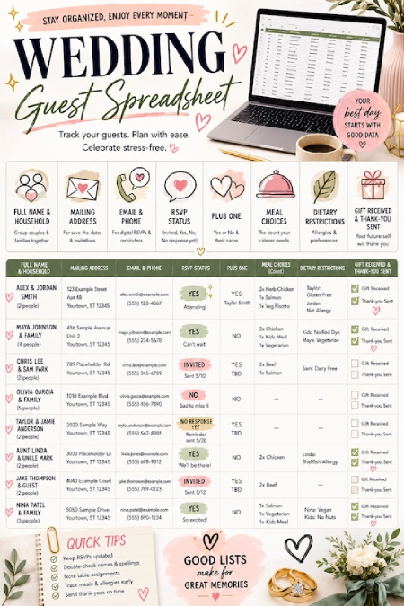 Wedding Guest List: How to Build, Track, and Trim It Without Losing Your Mind 4 Wedding guest spreadsheet template showing RSVPs, meal choices, addresses, plus-ones, and thank-you tracking.