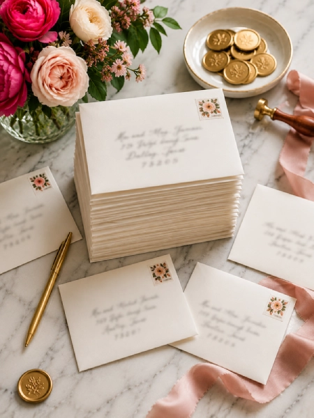 Wedding Guest List: How to Build, Track, and Trim It Without Losing Your Mind 6 Stack of wedding invitation envelopes with handwritten addresses, wax seals, flowers, and stationery on marble table.