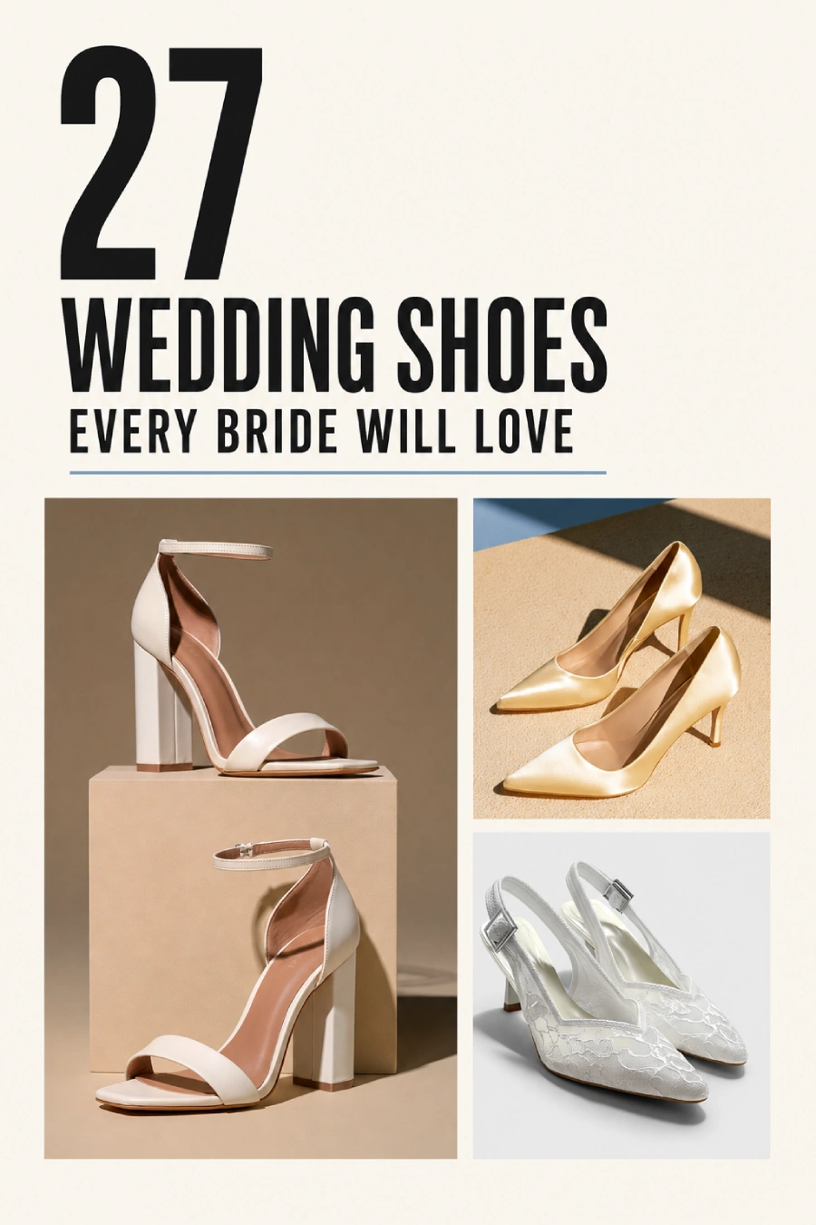 Wedding Shoes for the Bride: 27 Beautiful Ideas That Balance Style and Comfort 1 Collage of ivory block heels, gold pumps and lace slingbacks beneath the title 27 Wedding Shoes Every Bride Will Love graphic