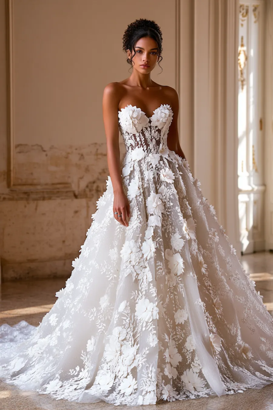 12 Timeless Lace Wedding Dress Styles We Love 14 Bride wearing a 3D floral lace wedding dress with a strapless neckline and dramatic appliqué ball gown skirt in an elegant hall