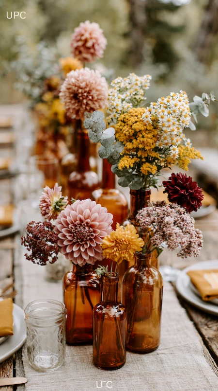 Amber glass bottle centerpieces with blush dahlias, golden yarrow, and wildflowers styled on a rustic outdoor wedding table
