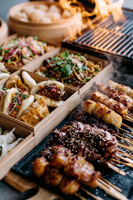 Asian fusion wedding buffet with bao buns, grilled skewers, noodles, and colorful street food inspired reception catering