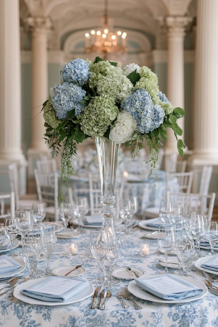 Dusty Blue and Sage Green Wedding Decor: The Color Pairing That Has Brides Completely Obsessed Right Now 6 Elegant ballroom wedding table with blue and white hydrangea centerpiece, patterned linens, crystal glassware, and candles.