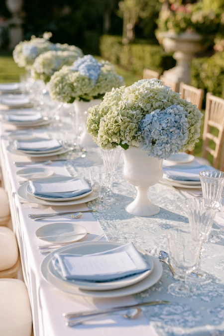 Dusty Blue and Sage Green Wedding Decor: The Color Pairing That Has Brides Completely Obsessed Right Now 5 Elegant outdoor wedding reception table with blue and white hydrangea centerpieces, lace runner, white china, and crystal glassware.
