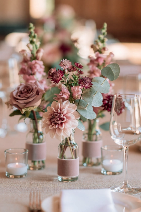 Bud vase wedding centerpieces with blush dahlias, roses, eucalyptus, and pink florals on an elegant reception table