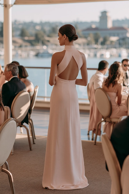Bride-to-be in a blush halter gown with open back at a formal waterfront rehearsal dinner overlooking a marina at sunset
