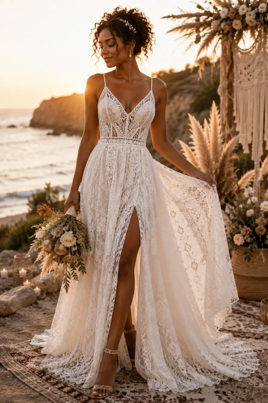 12 Timeless Lace Wedding Dress Styles We Love 13 Bride in a boho lace wedding dress with a front slit posing at a beach ceremony during golden hour with coastal wedding décor
