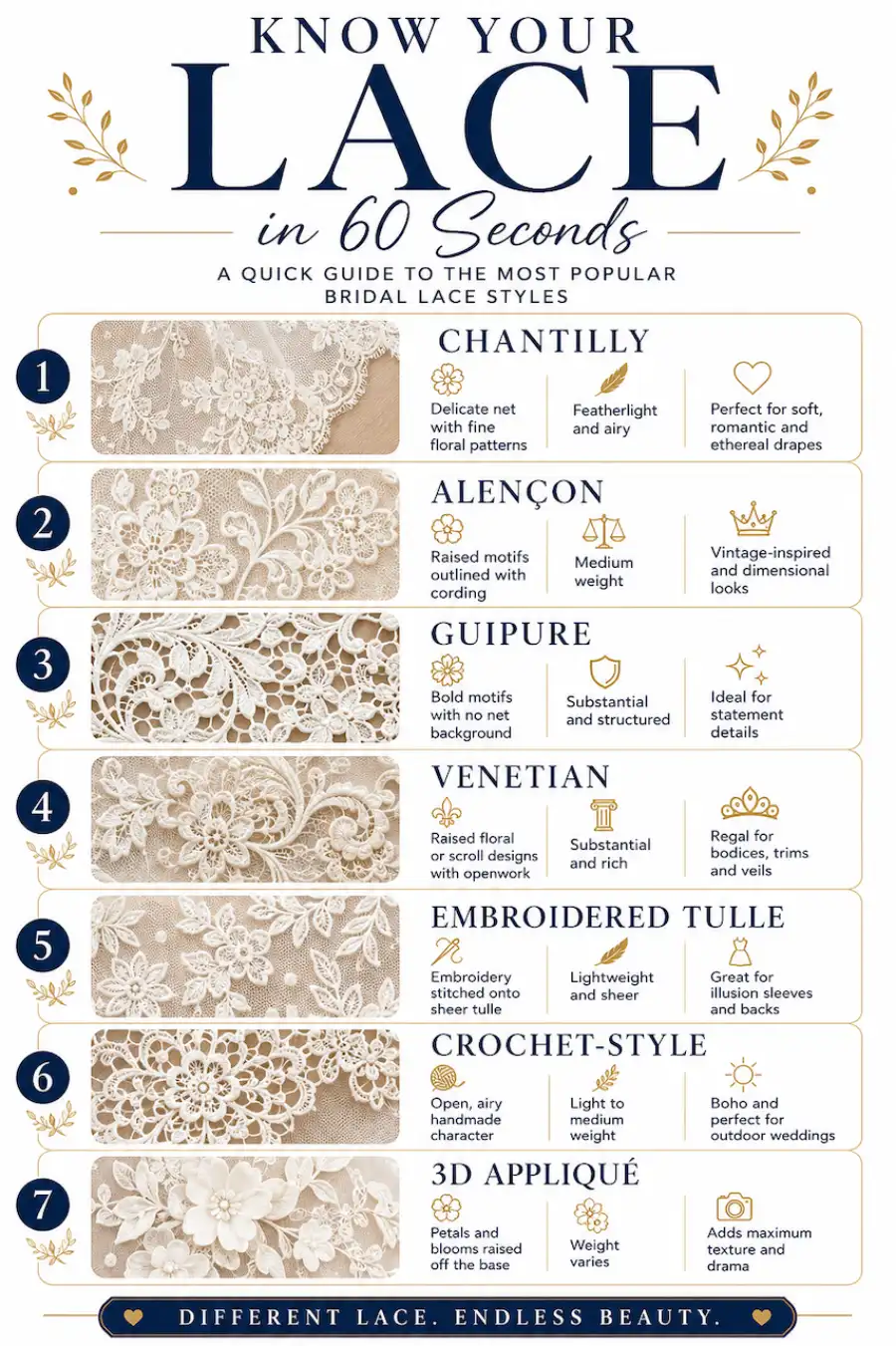 12 Timeless Lace Wedding Dress Styles We Love 2 Infographic comparing seven bridal lace types including Chantilly, Alençon, Guipure and 3D appliqué for wedding dresses