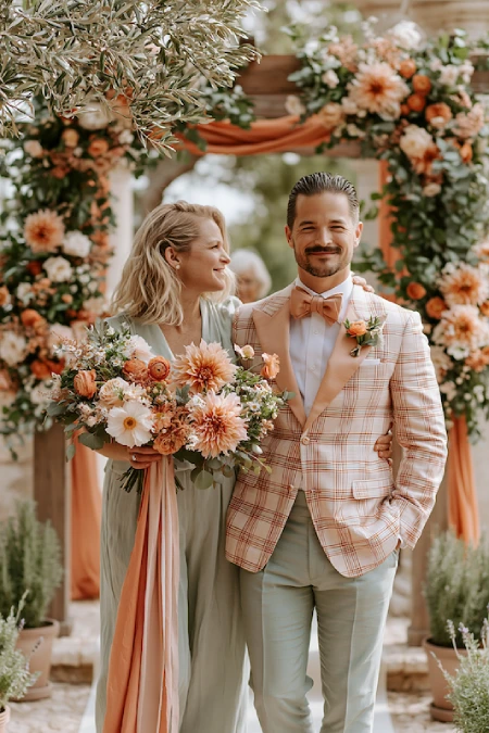 Sage Green and Terracotta Wedding: The Earthy Duo That Understood the Assignment 5 Bride and groom beneath a peach floral ceremony arch with lush bouquet, plaid blazer, and soft sage wedding attire