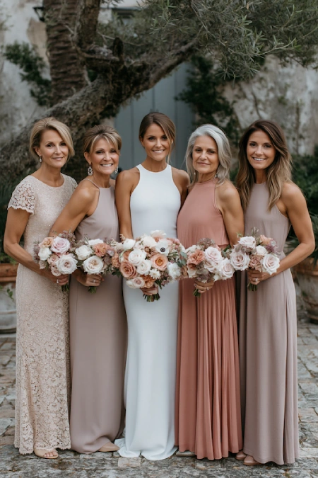 Sage Green and Terracotta Wedding: The Earthy Duo That Understood the Assignment 9 Bride poses with her mother and bridesmaids in neutral dresses holding blush rose bouquets at an outdoor wedding venue
